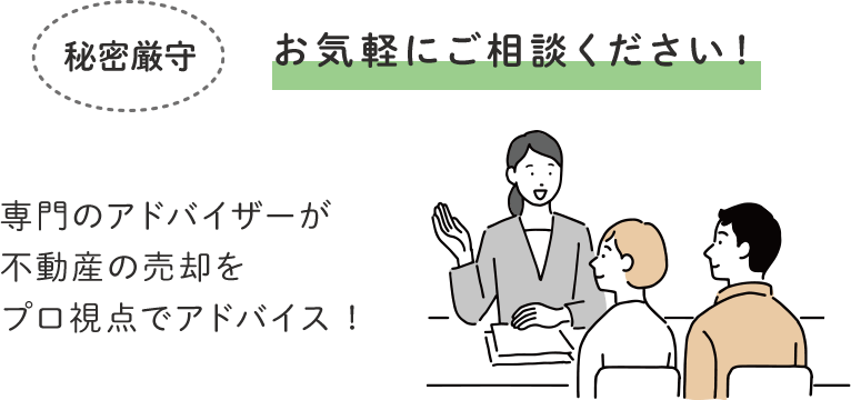 「秘密厳守」お気軽にご相談ください。専門のアドバイザーが不動産の査定・売却をプロ視点でアドバイス!